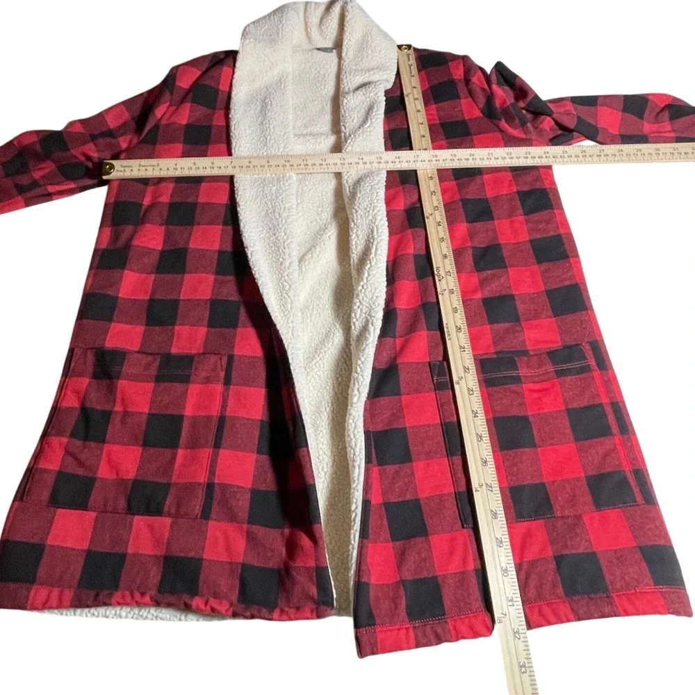 Eddie Bauer Plaid Sherpa Lined Robe Coat Womens XL Red Black Buffalo Check‎
